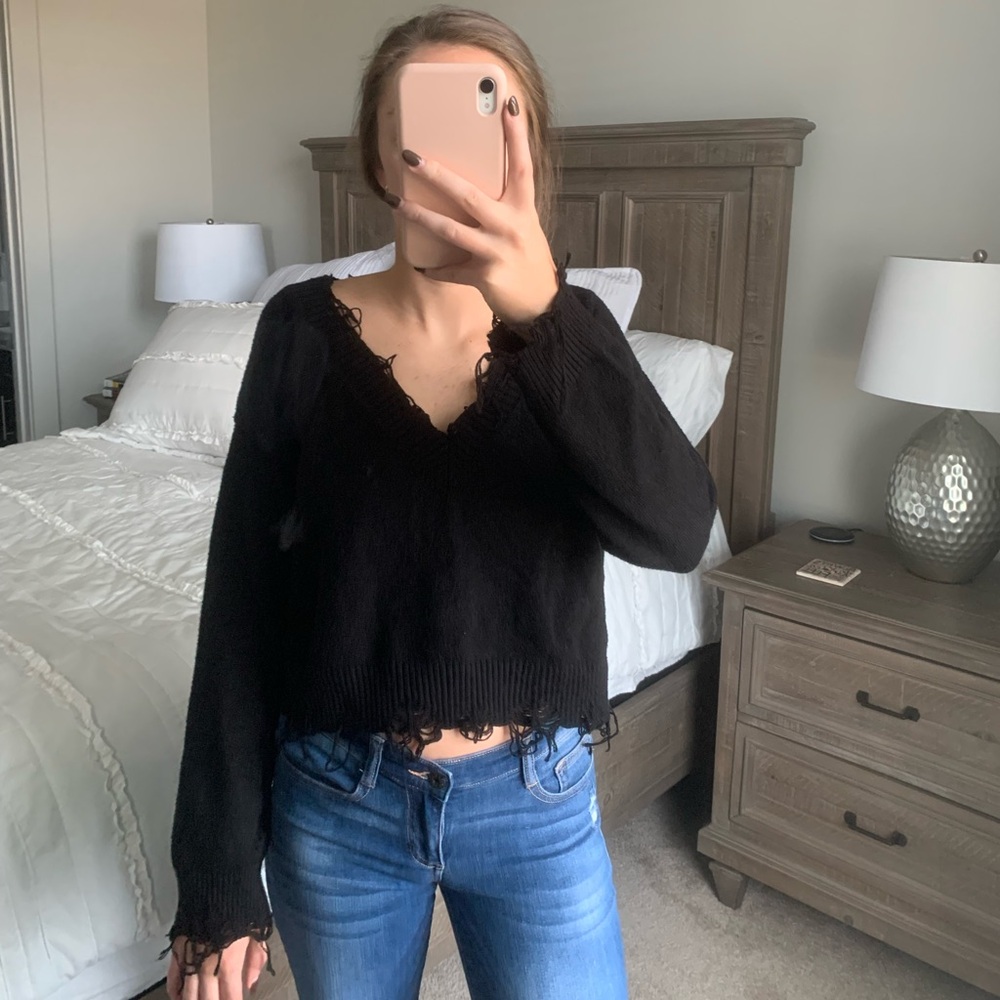 Cropped Black Distressed Sweater